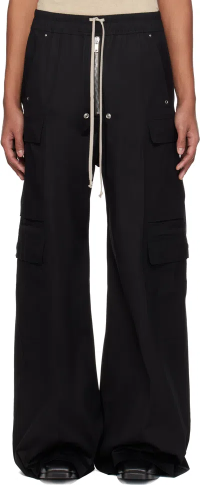 Rick Owens Heizer Belas Wide-leg Cotton-blend Poplin Drawstring Cargo Trousers In Black