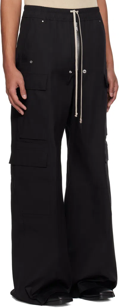 Rick Owens Heizer Belas Wide-leg Cotton-blend Poplin Drawstring Cargo Trousers In Black