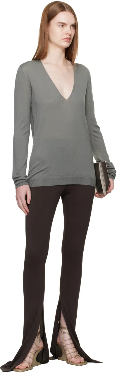 Rick Owens Khaki Temple V Neck Pull Sweater In Gray