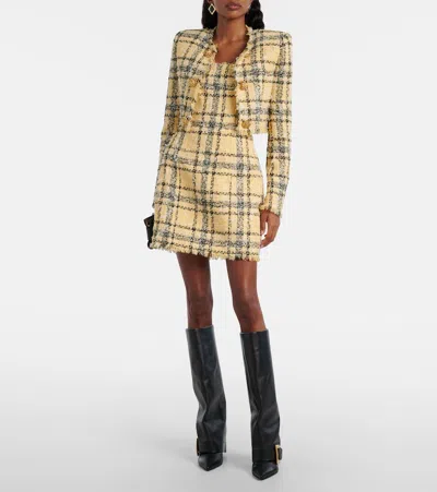 Balmain Check Paillette Tweed Sleeveless Mini Dress In Yellow