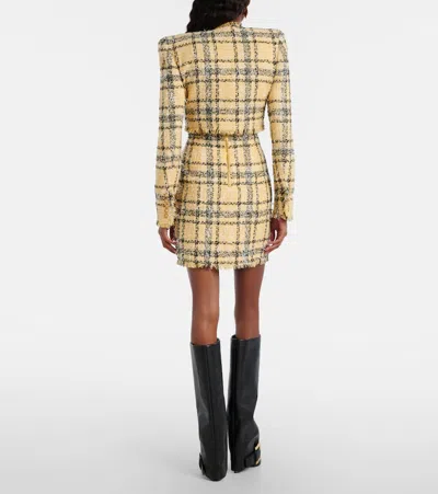 Balmain Check Paillette Tweed Sleeveless Mini Dress In Yellow