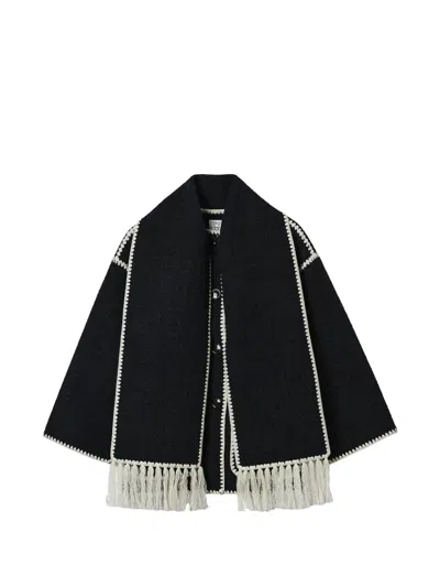 Totême Fringe Embroidered Scarf Wool Jacket In Black