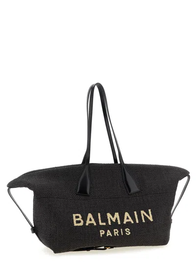 Balmain Women Track Shoulder Bag In Leather And Raffia In Black
