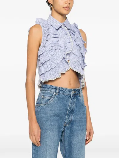 Sandro Striped-pattern Ruffled Blouse In Blue