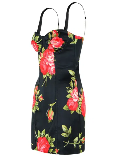 Dolce & Gabbana Black Short Dress With Floral Print In Viscose Woman In Black
