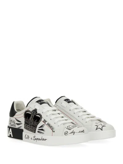 Dolce & Gabbana White Low Top Sneakers With Logo Patch On The Tongue And All-over Print In Leather Man In Yellow