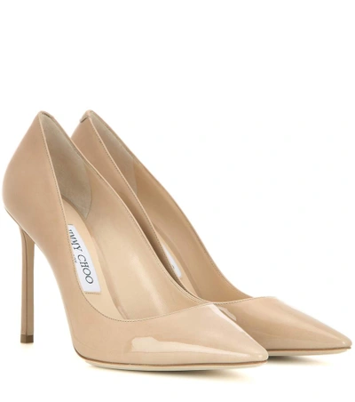 Shop Jimmy Choo Romy 100 Patent Leather Pumps In Beige