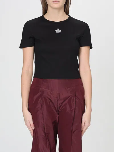Fendi Women T-shirt A Coste Cropped Con Dettaglio Logo In Cotone Stretch Nero Donna In Black