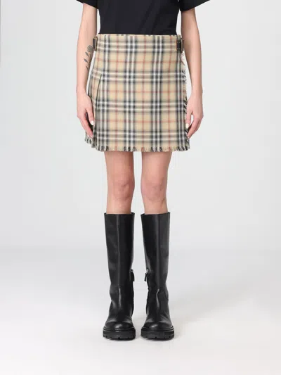 Burberry Women Beige Skirt With Adjustable Belt And All-over Check Motif In Wool Woman In Multi