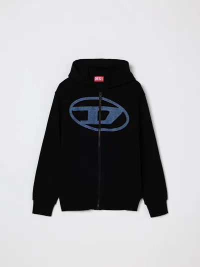Diesel Kids Oval-d Logo Printed Zipped Hoodie In Black