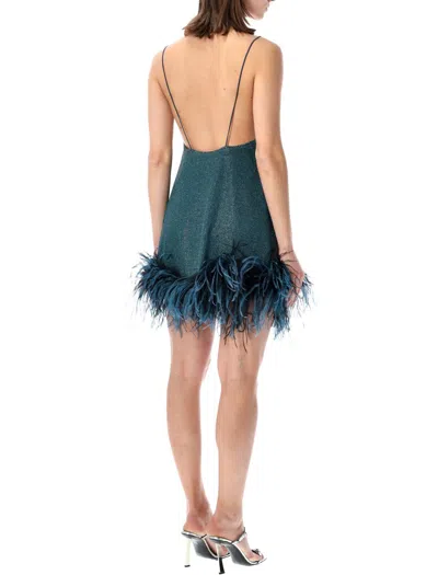 Oseree Lumiere Feather Detail Glitter Mini Dress In Blue