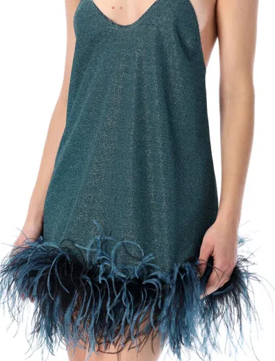 Oseree Lumiere Feather Detail Glitter Mini Dress In Blue