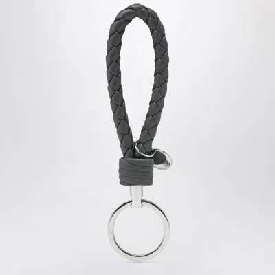 Bottega Veneta Tourmaline Blue Intrecciato Leather Key Ring In Gray