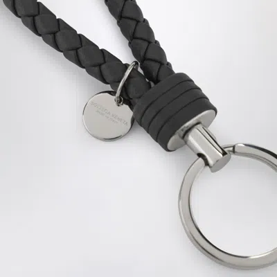 Bottega Veneta Tourmaline Blue Intrecciato Leather Key Ring In Gray