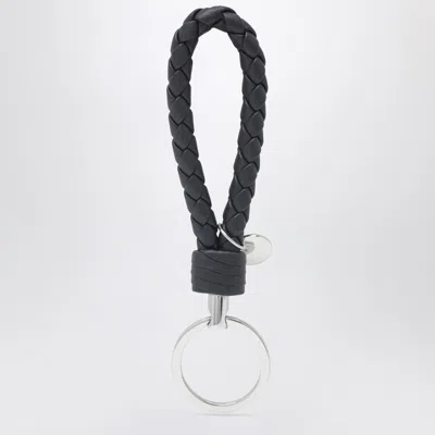 Bottega Veneta Tourmaline Blue Intrecciato Leather Key Ring In Black