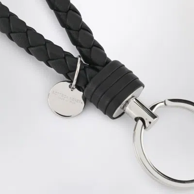 Bottega Veneta Tourmaline Blue Intrecciato Leather Key Ring In Black