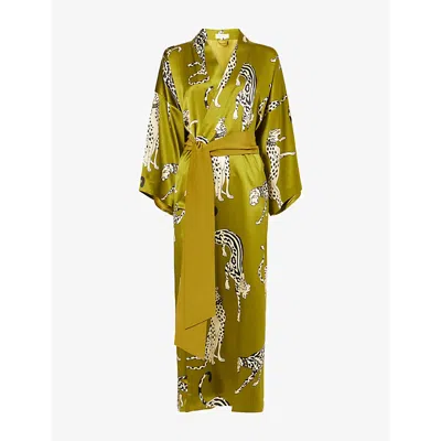 Olivia Von Halle Queenie Chanson Green Leopard Robe In Silk Satin