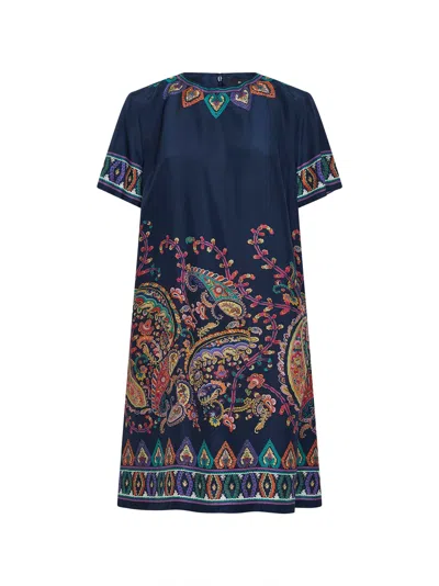 Etro Women Blue Paisley-print Habotai Silk Tunic Short Dress In Multi