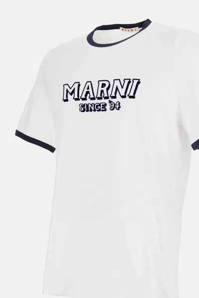 Marni Crew Neck T-shirt With Front Logo And Ribbed Accents In White