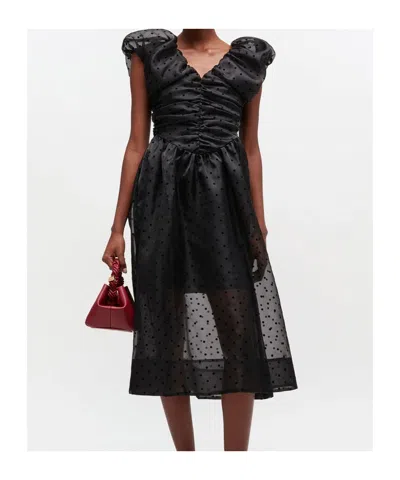 Ganni Ruched Flocked Polka-dot Recycled Organza Midi Dress In Black