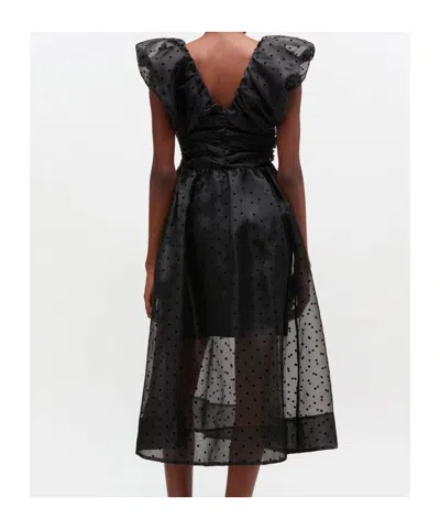 Ganni Ruched Flocked Polka-dot Recycled Organza Midi Dress In Black