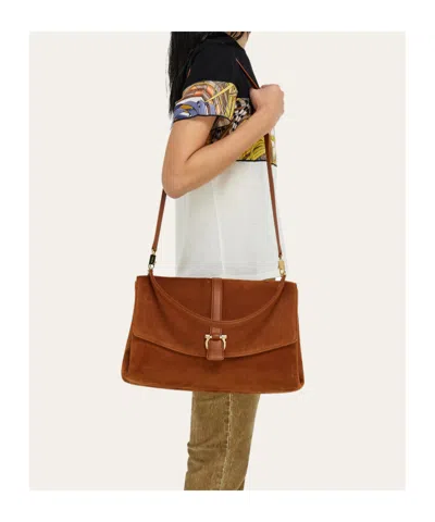 Ferragamo Suede With Gancini Hardware Shoulder Bag In Pink