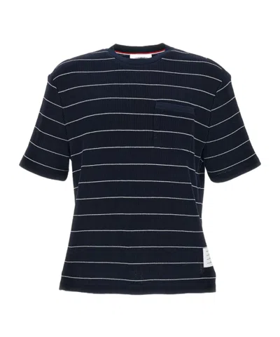 Thom Browne Dark Blue Striped T-shirt In Black