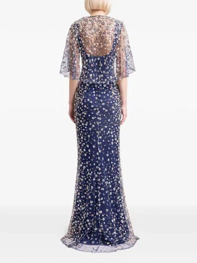 Gemy Maalouf Beaded Cape Dress In Blue