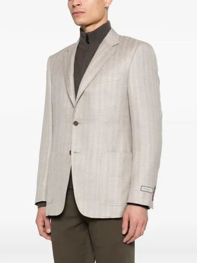 Canali Button Herringbone Blazer In Neutral