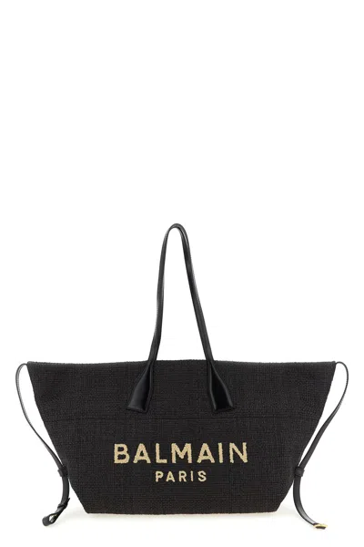 Balmain Women Track Shoulder Bag In Leather And Raffia In Black
