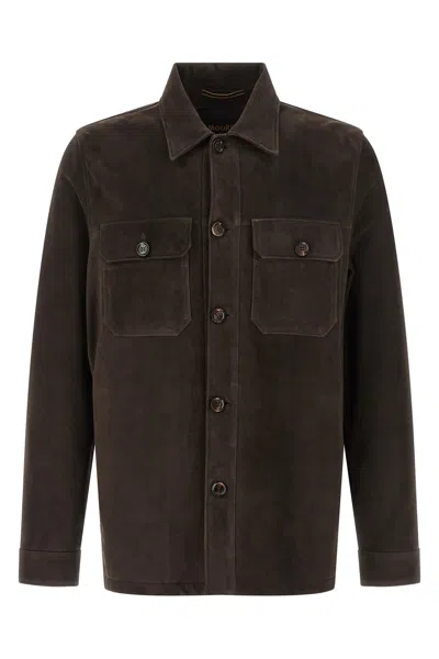 Moorer Brown Solid Shirt Collar Jacket In Brown