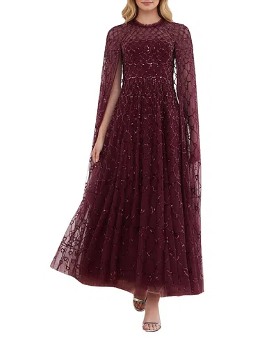 Needle & Thread Heart Lattice Cape Ankle Gown In Burgundy
