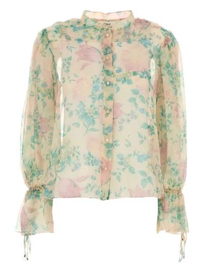 Chloé Puff-sleeve Blouse In Silk Mousseline In Multi