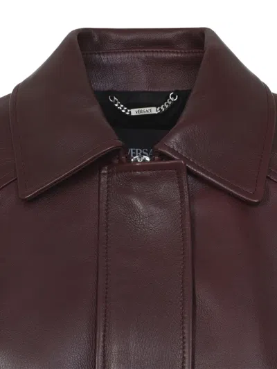 Versace Buffalo Leather Jacket Collared Design In Brown