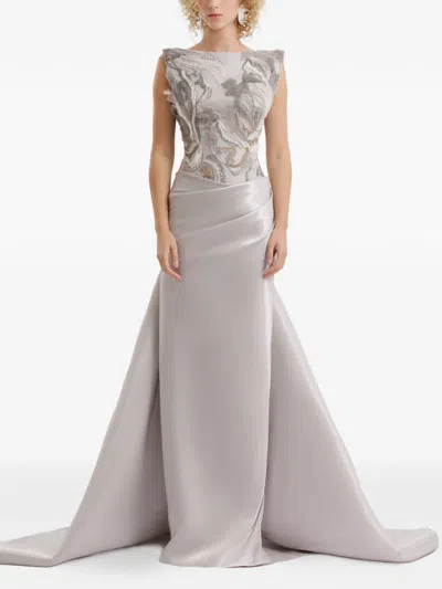 Gemy Maalouf Embroidered Draped Maxi Dress In Gray