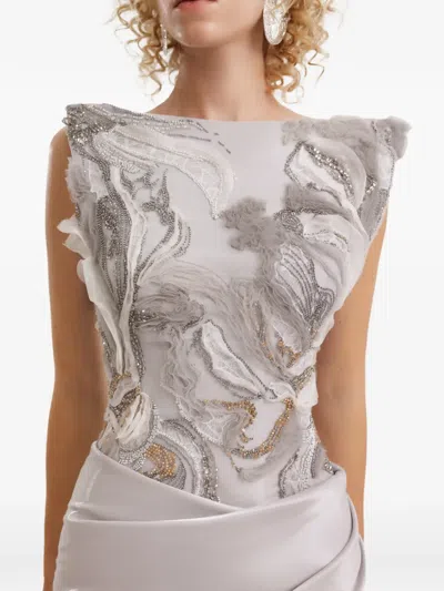 Gemy Maalouf Embroidered Draped Maxi Dress In Gray