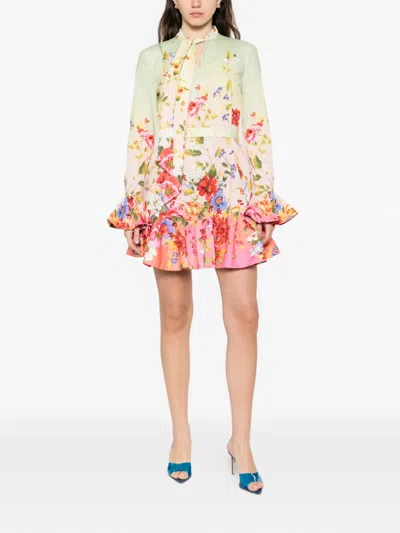 Roberto Cavalli Floral Silk Blend Dress High Neck In White