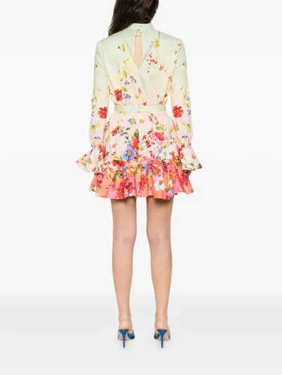 Roberto Cavalli Floral Silk Blend Dress High Neck In White