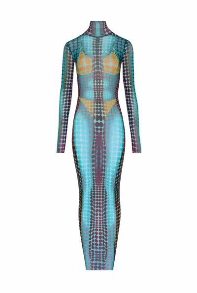 Jean Paul Gaultier High Neck Multicolored Polka Dot Maxi Dress In Blue