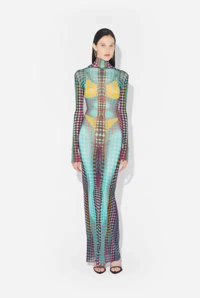 Jean Paul Gaultier High Neck Multicolored Polka Dot Maxi Dress In Blue