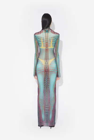 Jean Paul Gaultier High Neck Multicolored Polka Dot Maxi Dress In Blue