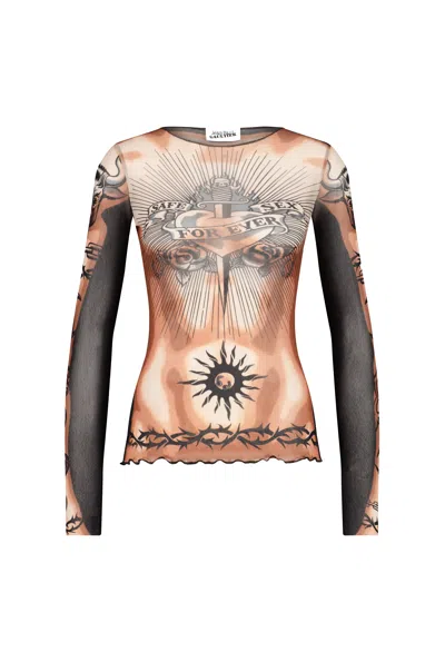 Jean Paul Gaultier Tattoo-inspired Sheer Long-sleeved Top With Bold Motifs In Brown