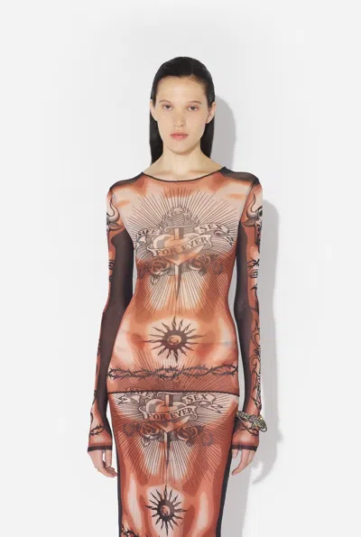Jean Paul Gaultier Tattoo-inspired Sheer Long-sleeved Top With Bold Motifs In Brown