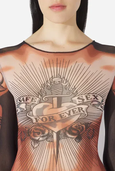Jean Paul Gaultier Tattoo-inspired Sheer Long-sleeved Top With Bold Motifs In Brown