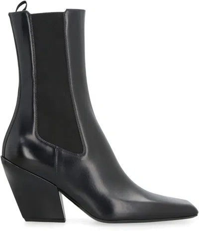 Prada Black Leather Ankle Boots In Black