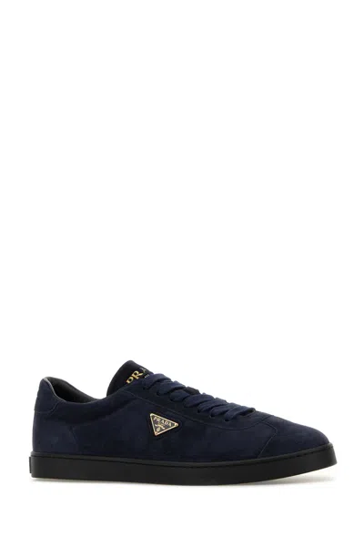 Prada Blue Calf Leather Bos Taurus Low Top Sneakers In Blue