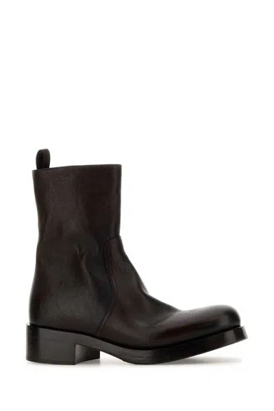 Prada Leather Ankle Boots Round Toe Design In Brown