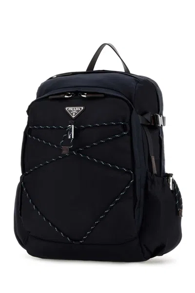 Prada Navy Blue Canvas Backpack In Black
