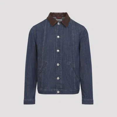 Brunello Cucinelli Men Lightweight Denim Jacket With Leather Collar In Animal Print