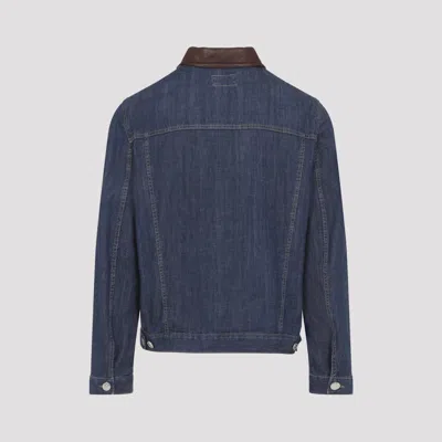 Brunello Cucinelli Men Lightweight Denim Jacket With Leather Collar In Animal Print